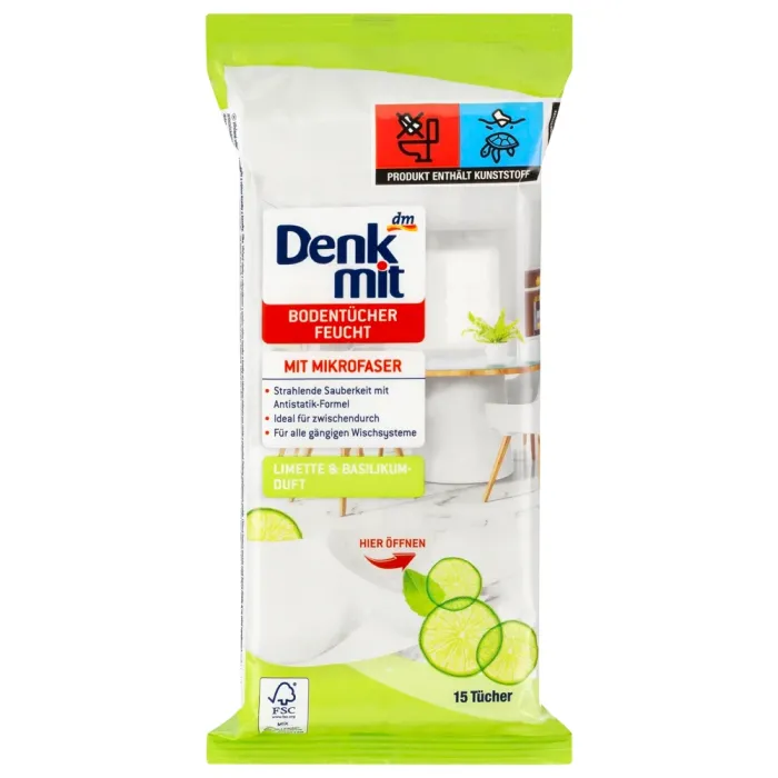 Вологі серветки для підлоги лайм і базилік Denkmit 15 шт